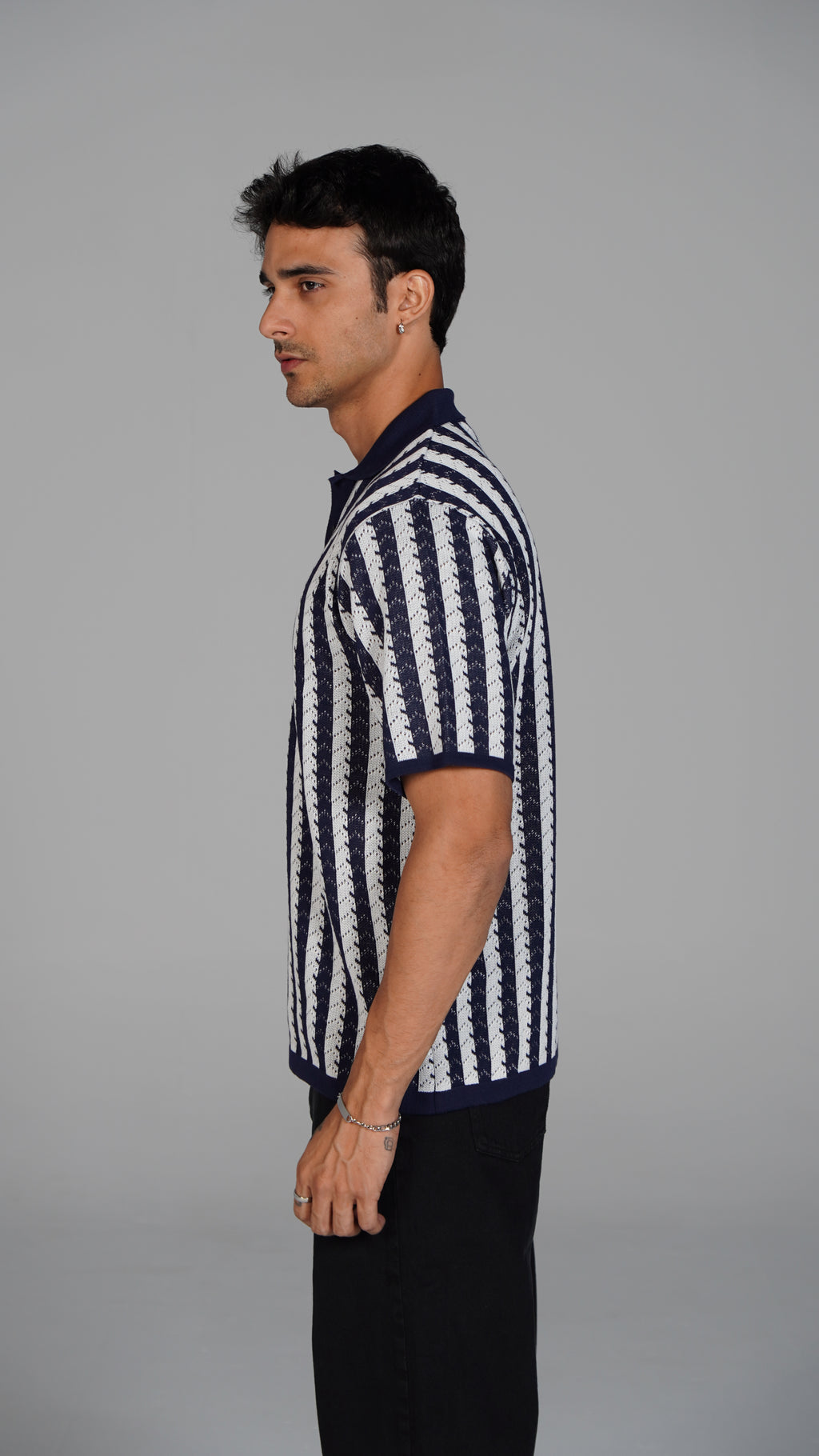 Striped Knitted Polo - Navy X White