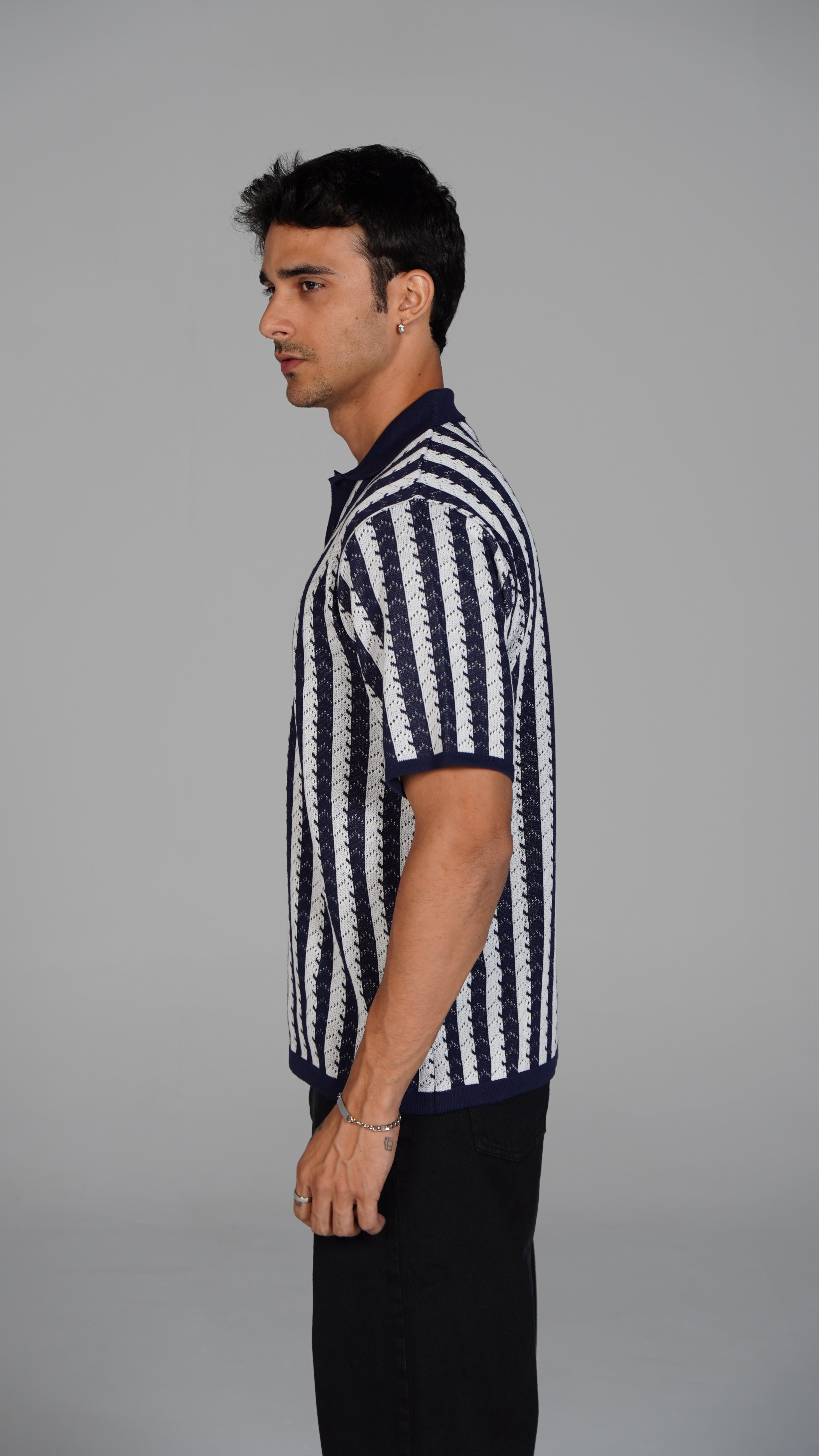 Striped Knitted Polo - Navy X White