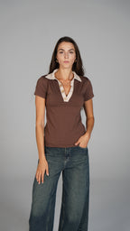 Double Collar Top - Beige X Brown