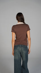 Double Collar Top - Beige X Brown