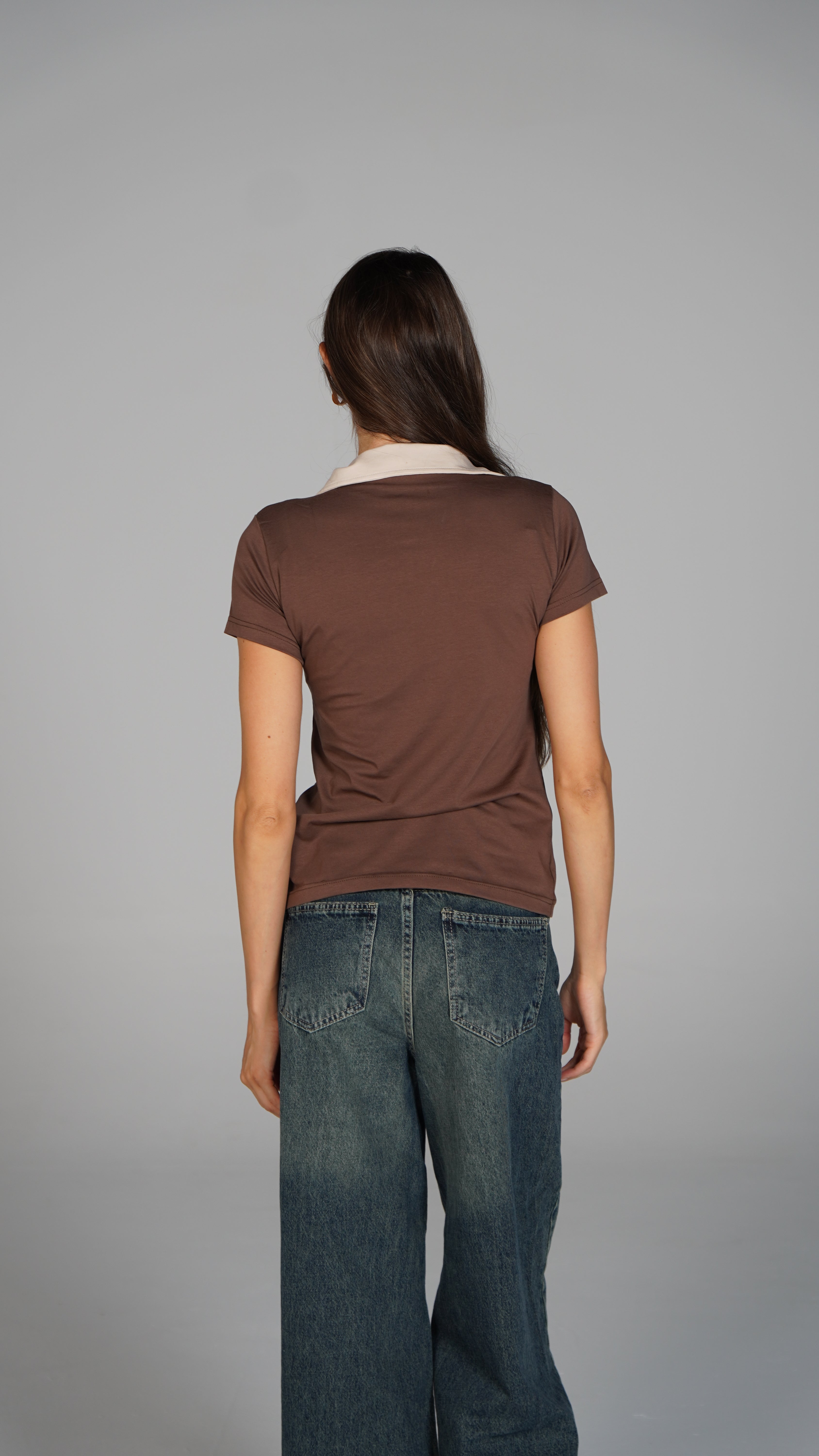 Double Collar Top - Beige X Brown