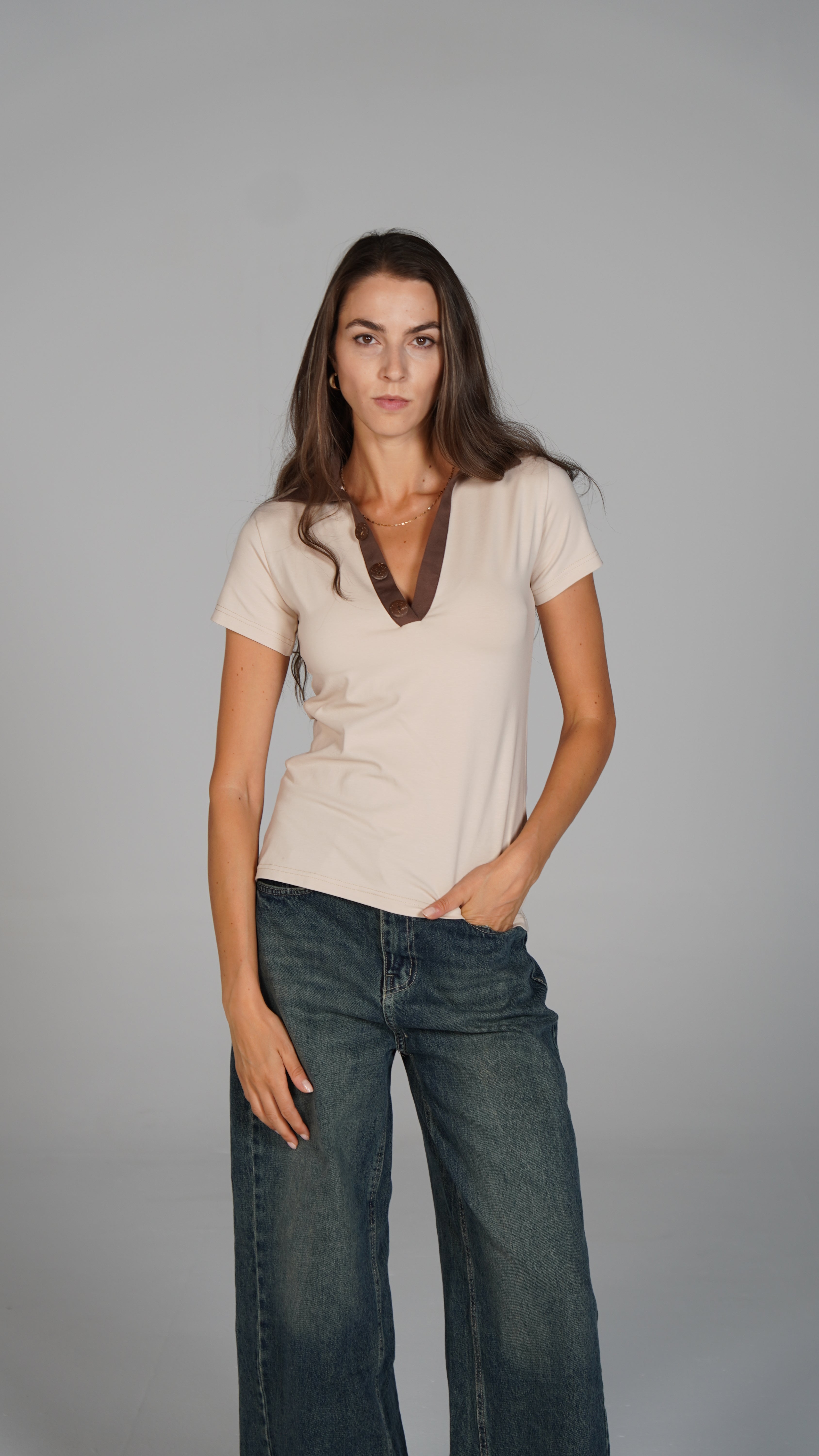Double Collar Top - Brown X Beige