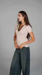 Double Collar Top - Brown X Beige