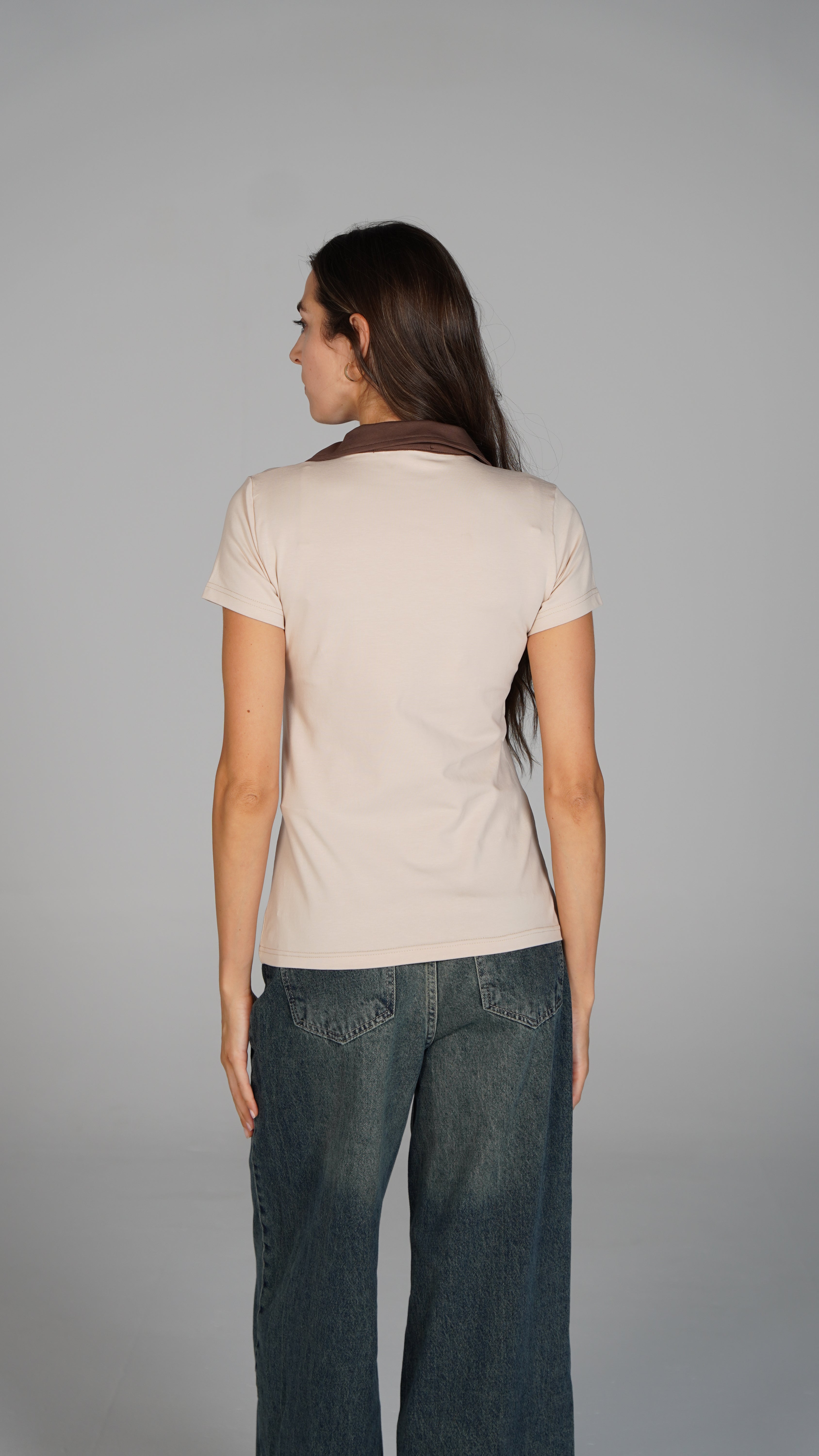 Double Collar Top - Brown X Beige